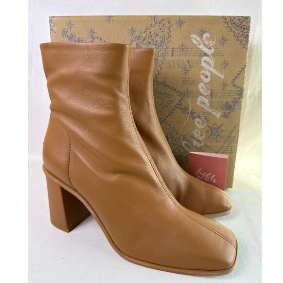 Free People Sienna Ankle Boots Leather US 8.5 Tan Leather Square Toe Block Heel - Picture 1 of 13